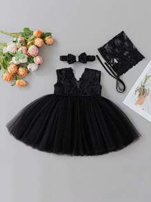 0-2岁女婴黑色礼服套装、婚礼花童薄纱礼服套装 - 黑色 - 查看 3