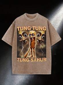 TUNG TUNG TUNG SAHUR Printed 230g Double-Washed Batik Double-Sided Printed Short-Sleeved T-Shirt, Men's Crisp Short-Sleeved T-Shirt, Outdoor Sportswear, Retro Washed, 100% Pure Cotton, Daily Wear - Cà phê nâu - Xem 1