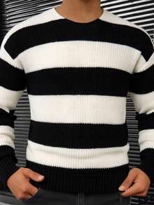 Jersey clásico de cuello redondo versátil y casual con rayas gruesas y contraste de color para hombre, otoño/invierno