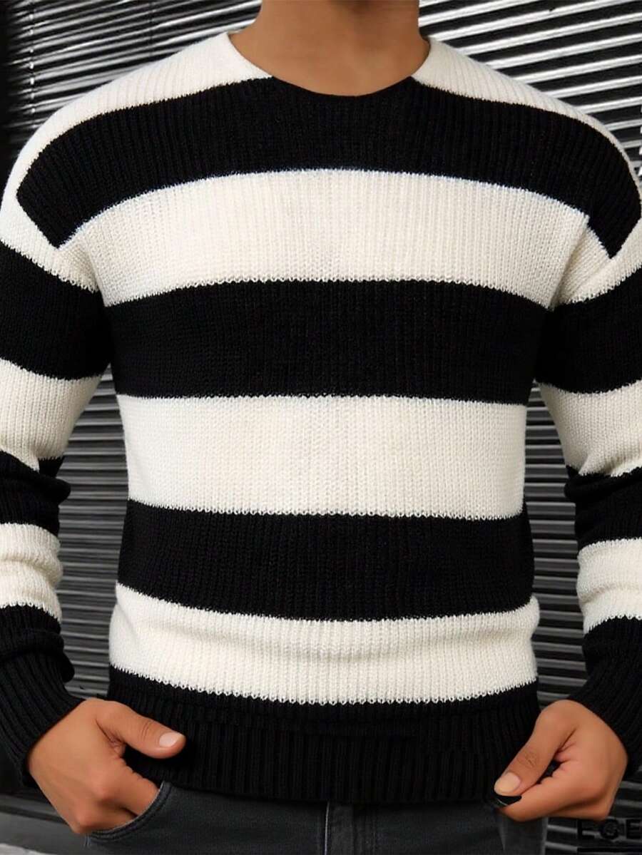 Jersey clásico de cuello redondo versátil y casual con rayas gruesas y contraste de color para hombre, otoño/invierno