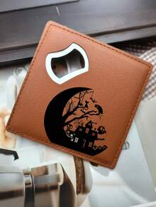 Customized Multi-Functional Beer Bottle Opener, PU Leather & Metal Bottle Opener, Stainless Steel Coaster, Customized Halloween Bottle Opener, Suitable For Restaurant, Kitchen, Customized Bar, Dining Establishment, Office Desk Coaster