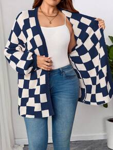 Plaid Round Neck Casual Long Sleeve Plus Size Knit Cardigan - Royal Blue - View 5