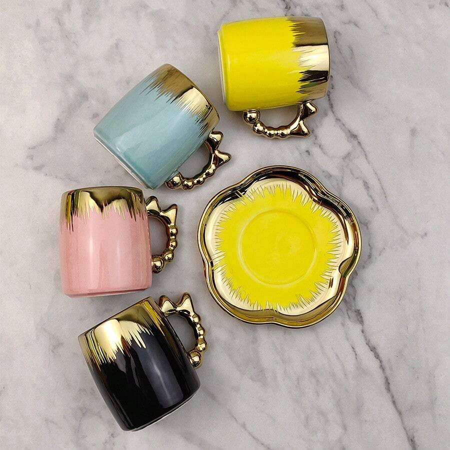 125ml Ceramic Coffee Cup & Saucer Set, Gold Bow Decor, Household Party Gift, Suitable For Drinking Coffee, Tea, Afternoon Tea, Electroplated In Various Colors