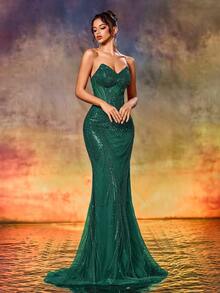 女士甜心领串珠礼服，优雅单肩鱼尾裙，适合正式晚宴、派对、颁奖典礼、婚礼等场合。 - 墨綠色 - 查看 8