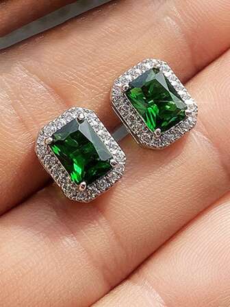 S925 Sterling Silver Geometric Square Cubic Zirconia Stud Earrings, High Quality Jewelry For Women