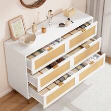 Huisuilinss Rattan Dresser For Bedroom With 6 Drawers,Wide Modern Chest Of Drawers With Metal Handle,Wooden Dresser TV Stand,Wood Closet Clothes Storage Organizer For Living Room,Hallway - 白色 - 查看 2