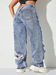 Quần jeans ống đứng cạp cao xẻ tà, túi bên hông, phong cách vintage Y2K Rave, thích hợp cho mùa xuân. - Rửa tối - Xem 3