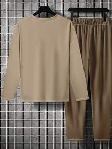 Men's Casual Minimalist Long Sleeve T-Shirt And Pants Set, Fall Clothes