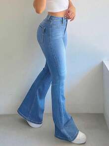 Women's Stretch Skinny Jeans Women's - Hip Lift Slimming Micro Pants Front Buckle Slimming God Pants All Match Leg Long Flare Pants European And American Retro Spice Pants - 淺色水洗藍 - 查看 5