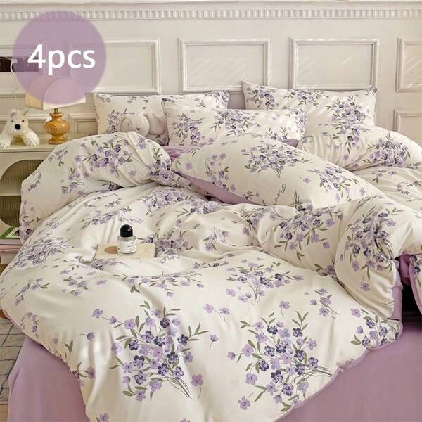 4pcs Bedding Set, Purple Lavender Printed Duvet Cover, Soft & Breathable Polyester Bedding Set, Fresh Farmhouse Style Floral & Leaf Pattern, Suitable For All Seasons, Home Decor (Includes 1 Duvet Cover, 1 Flat Sheet, 2 Pillow Shams, No Filling)