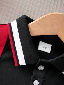 Young Boy Elegant Gentleman Color Block Trim Collar Multi-Color Patchwork Short Sleeve Casual Polo Shirt - Multicolor - View 3