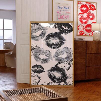 1 pieza Póster de labios rosas sin marco, póster de as de naipes rosas, póster de cita "Lucky Me", colección de pósteres glamorosos, pintura en lienzo para decoración de dormitorio, sala de estar, decoración de pared, pósteres divertidos