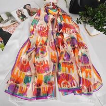 100% Mulberry Silk Scarf For Women Lightweight Long Scarves Beach Wraps Cover Up -Travel Photography Scarfhalloween - 米色橙貓 - 查看 4