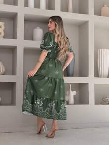 Vitoria Midi Dress With Crepe Print, Stretch On The Back, Short Sleeves - Verde Oliva - Ver 3