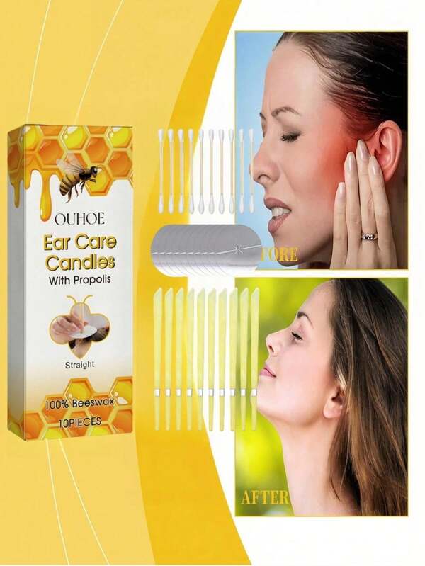 Zestaw 10 świec do uszu. Wygodny zestaw świec do uszu z woskiem pszczelim i miodem do delikatnego czyszczenia uszu. Naturalnie nawilża i koi skórę kanału słuchowego. Zmniejsza podrażnienia. Wydłuża czas palenia. Delikatnie usuwa woskowinę uszną.