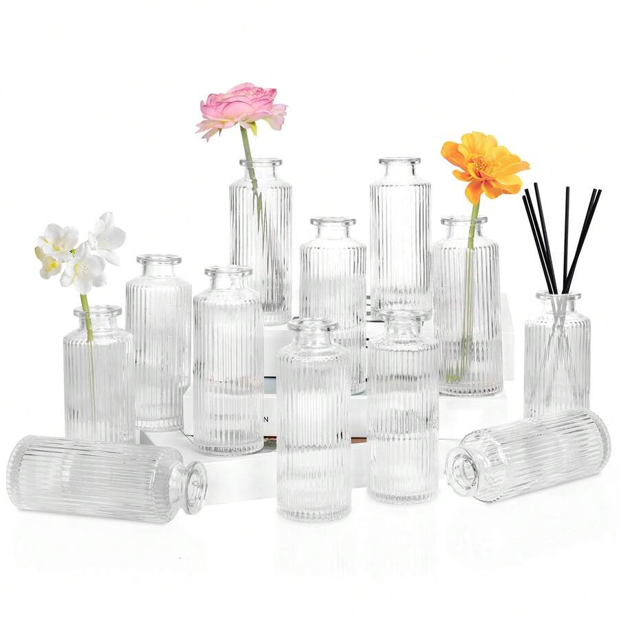 Tomnk Glass Bud Vases Set Of 9 Or 12 Or 36, Small Mini Flower Vases Bulk Pack For Centerpiece Table Decor, Wedding Reception Party Baby Shower, Vintage Home Decor Clear Glass Vases Set For Mother's Day Decor, Ideal Mother's Day Gift - 無色 - 查看 1