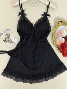 2 件性感女士透明蕾丝吊带睡袍，适合家居服和浪漫约会，性感睡衣