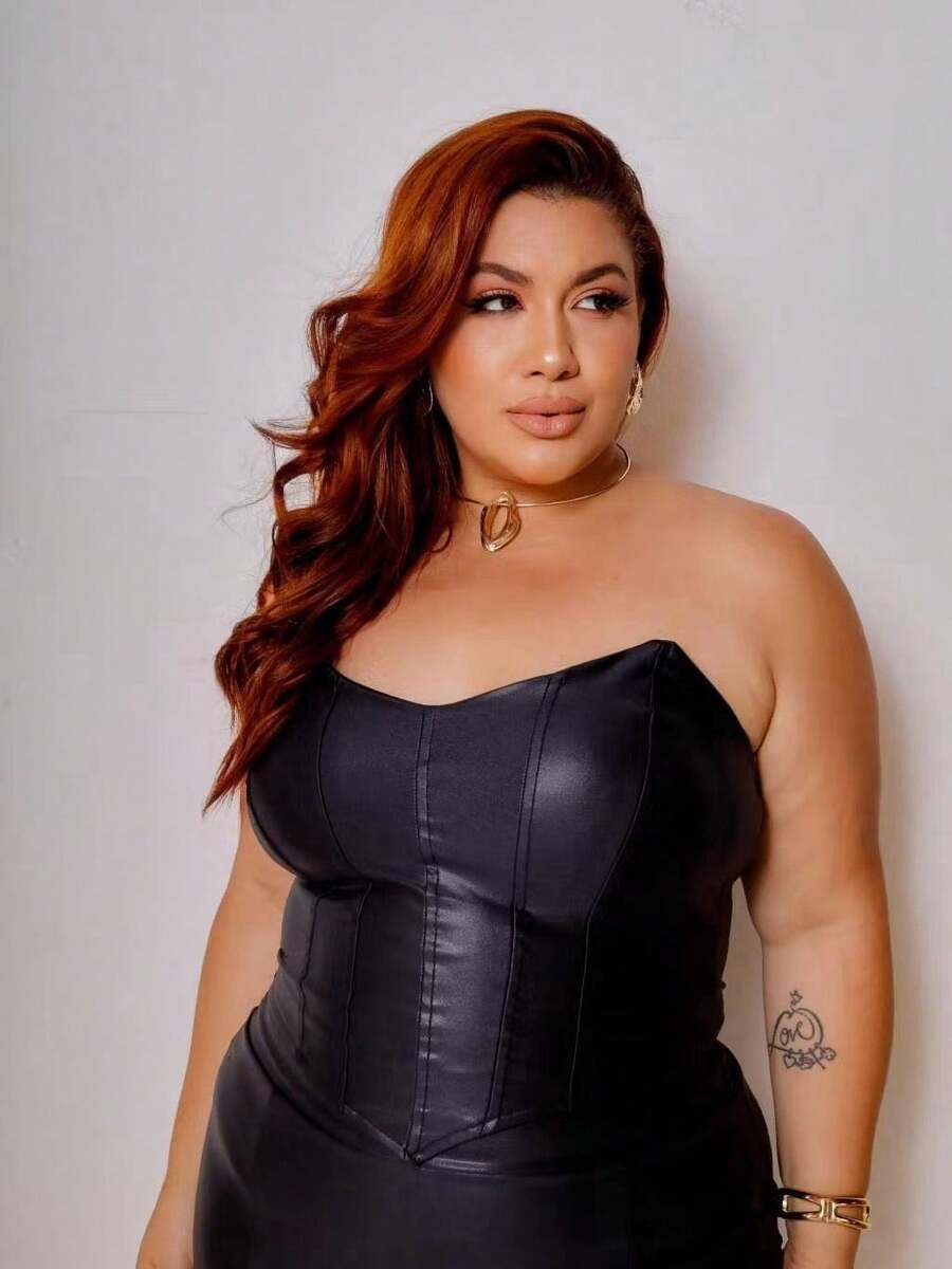 Strapless Corset In Leatherette – Plus Size Women's Fashion - 黑色 - 查看 1
