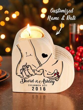 1pc Personalized Heart-Shaped Couple Candle Holder, Customized Personalized Name/Date Hand In Hand Pattern Candle Holder, Valentine's Day, Thanksgiving, Christmas, Birthdays, Anniversaries, Wedding Gifts, Comfortable Home Decoration, Holiday Party Decoration, Warm Home Decoration, Dining Table Atmosphere Decoration