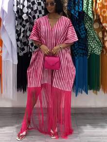 Elegant Pink Stripe Kaftan Dress For Women V Neck Maxi Dress With Fringe Hem And Loose Fit - 彩色 - 查看 4