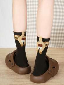 3双装女士卡通趣味小狗设计休闲可爱情侣中筒袜，日常百搭（随机发货） - 彩色 - 查看 8