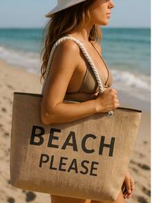 Black Beach Please Patterned Large Picnic And Beach Bag – Rope Handle – 55x36x15 Cm - JUTE - View 2