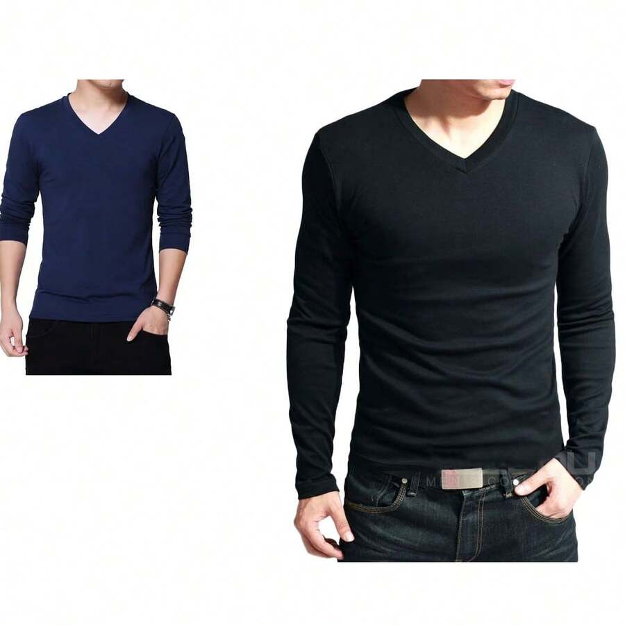 Kit 2 Men's Long Sleeve Shirts 100% Cotton - Black and Navy Blue - View 1
