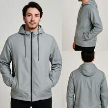 Men's Lightweight Plain Water-Repellent Windbreaker Jacket With Hood - Gray+Plain+P - View 2