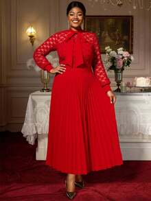 AOMEI Fall Clothes Plus Size Red Pleated Bow Lace Floral Long Wedding Guest Dress Long SLeeves Party Midi Dresses