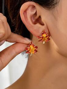 1 par de pendientes de botón con diseño de hoja de arce retro y versátil para mujeres - Multicolor - Ver 1