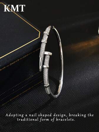 KMT 1pc Women's Unique Nail-Shaped Design Copper Alloy & Cubic Zirconia Bangle Bracelet, Accessory For Daily Wear