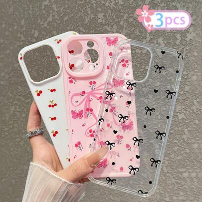 3 piezas Estuches de teléfono transparentes y rosas con estilo de niña Dopamina, 1 pieza Estuche de teléfono blanco con patrón de cereza roja pequeña, 1 pieza Estuche de teléfono protector rosa con estampado de mariposa floral, 1 pieza Cubierta protectora de teléfono transparente con lazo negro en forma de corazón, compatible con Samsung, 13, Galaxy Phones