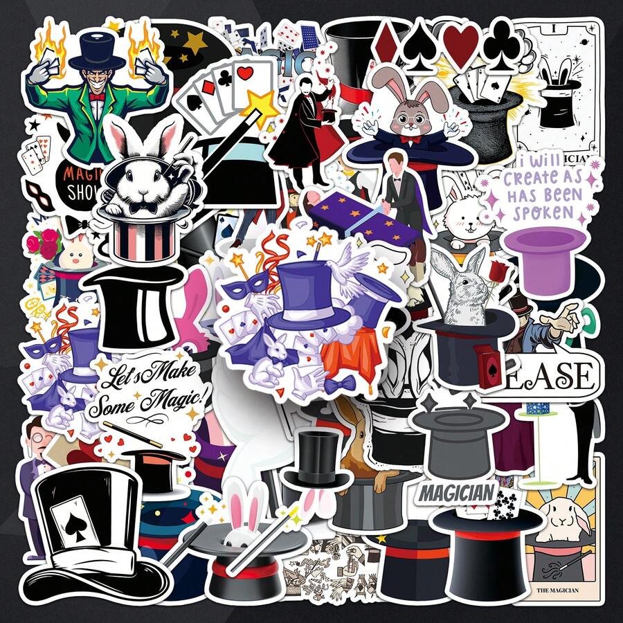 53 件魔术师卡通兔子魔术帽创意 DIY 装饰贴纸适用于手机、墙壁、玻璃 - 彩色 - 查看 1