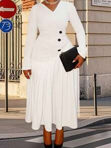 Women's Plus Size Midi Dress Long Sleeve V Neck Button Front Dress Long Flowy Dress - trắng - Xem 4