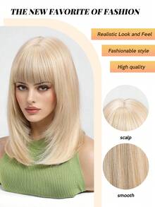 FIVE STARS 14 英寸金色鲍勃短直发带刘海耐热合成假发，适合女士时尚自然发型，适合派对角色扮演万圣节日常穿着 - 金色 - 查看 9