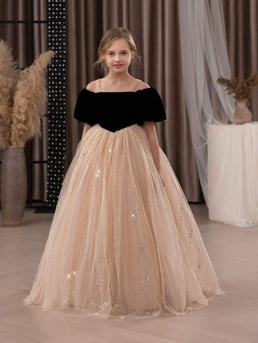 Váy dự tiệc màu vàng lưới sequin thanh lịch cho bé gái tuổi mới lớn, váy công chúa phù hợp cho tiệc sinh nhật, tiệc chiêu đãi, sự kiện trang trọng, vũ hội, biểu diễn sân khấu, phù dâu, váy phù dâu, lễ kỷ niệm ngày lễ - Màu Khaki - Xem 1