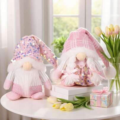 1 pieza/2 piezas Figura de gnomo estilo nórdico nuevo, figura de hombre viejo sin rostro con sombrero rosa doblado, decoración de escena de fiesta de Navidad, decoración de enanito de monos de dibujos animados del bosque, adorno de mesa para el hogar, decoración de fiesta, decoración de escaparate, decoración de granja, regalo