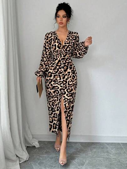 Vestido maxi elegante para mujer con escote en V, estampado de leopardo, manga abullonada y abertura lateral, ajustado al Body
