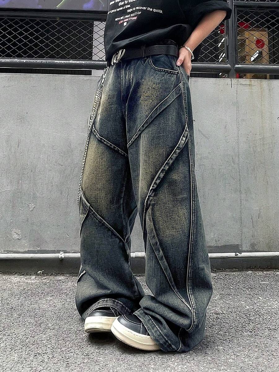 1pc Men's Distressed Vintage Wash Deconstructed Patchwork Wide Leg Jeans (Product Does Not Include Belt And Accessories) - Blue - View 1