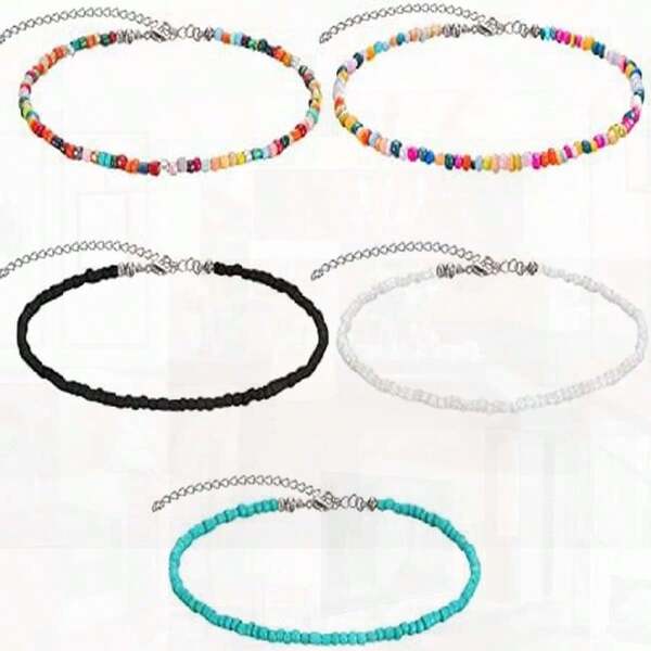 5 Pcs Colorful Bohemian Seed Bead Necklaces For Women & Girl, Glass Beaded Choker, Summer Jewelry