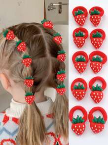 10pcs Children Cute Fruit Strawberry Cherry Flower Heart Hair Ties, Small Girls' Seamless Hair Bands, Red - Red - View 8