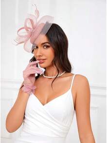 Ibeauti Fascinator Hats With Screentouch Lace Gloves Set Women Tea Party Cocktail Wedding Derby Headwear Short Gloves - 07 Nude Pink - 查看 2