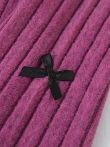 2 piezas Conjunto de sudadera y pantalones de unicolor acanalado informal para niñas, diseño lindo con lazo, suave y dulce, para otoño/invierno