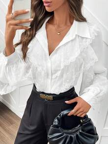 Women's Elegant Long Sleeve Solid Color Lace Multi-Layered Ruffle/Frill Casual Blouse Shirt For Commuting, Autumn/Winter