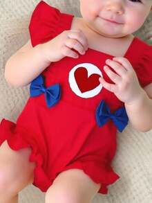 Bebé niña estilo cute romper con volantes, moños frontales azules, aplique de corazón, algodón rojo, holgado, cuello redondo, sin mangas, verano, uso diario y fiesta. Body para fiestas halloween disfraz - Rojo - Ver 2