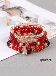 4 件女孩波西米亚多层串珠手链流苏百搭简约手链