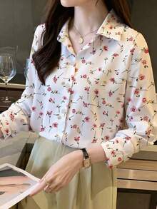 Plus Size Women Floral Print Loose Turndown Collar Button Down Long Sleeve Shirt, Elegant Casual Suitable For Office And Daily Wear, Spring/Autumn - White - View 4