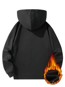 男士羊毛连帽保暖连帽衫，简约纯色，松紧袖口，经典纽扣设计，穿着舒适。 - 黑色 - 查看 2