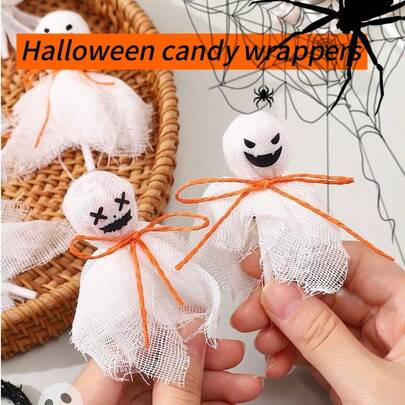 48/24/12pcs Halloween Candy Wrappers, With Gauze And Ribbon, Grimace, Ghost Candy Decorations, Halloween Decorations, Trick Or Treat, Home Party DIY Supplies, Party Gift Decorations