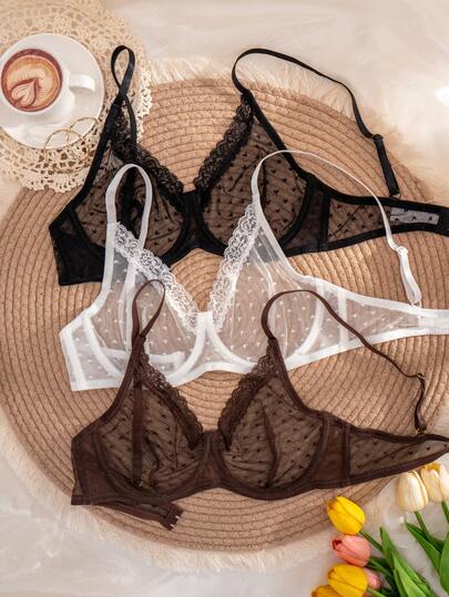 Set de 3 sujetadores con aros, de unicolor y encaje con forma de corazón, cómodos para mujer